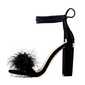 Richealnana Women's Ankle Strap Lace Up Gladiator Strappy Fuzzy Cozy Strappy Open Toe Dress Artificial Fur Feather Block Chunky High Heels Party Sandals Black Size 7