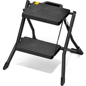 URACKIFY 2 Step Stool Foldable, Step Ladder with Non-Slip Rubber mat, Step Stool with Release Button, Lightweight Steel, Black, for up to 330LBS.