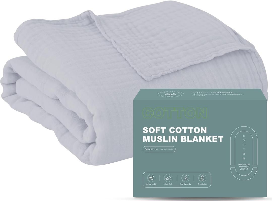 Cosy Family 4 Layer Muslin Bed Blanket - Breathable and Lightweight Gauze Boho Blanket for Spring, Soft 100% Cotton Muslin, Slate, 80x90 Inches