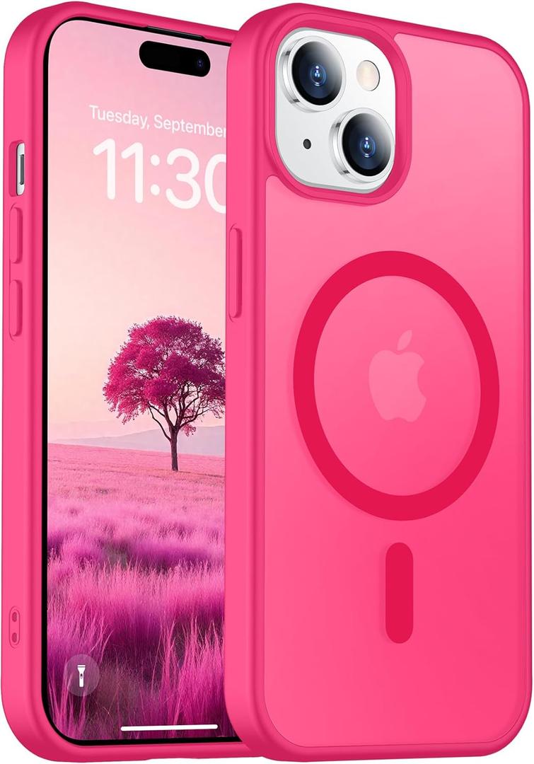 2 x Designed for iPhone 14 Case,iPhone 15 Case with Magnetic [12 FT Military Drop Protection] [Compatible with Magsafe] Slim Translucent Matte Shockproof with Anti-Fingerprint Phone Case, Hot Pink