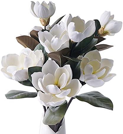 MINYULUA 3Pcs Artificial Magnolia Flowers, 29.5" Long White Magnolia Stem Flower, Faux Wedding Flower Bouquet Vase Floral Arrangement for Table Centerpiece Wedding Holidays Party Home Decor