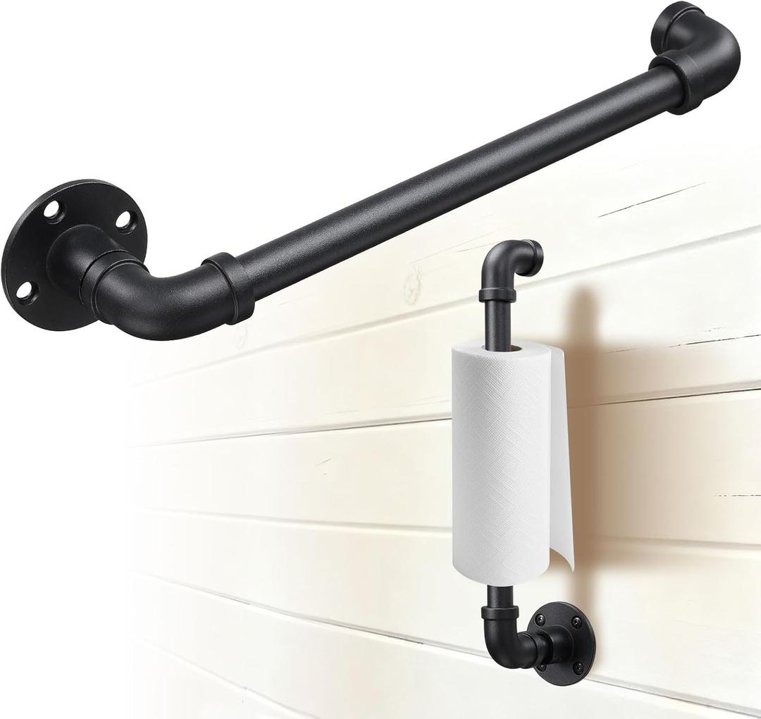 Industrial Pipe Paper Towel Holder - 14 Inch Heavy Duty Wall Mount Rustic Rack Hanger for Small to Large Jumbo Napkin Roll,Vertical Horizontal Mounted for Countertop,Under Cabinet,RV Sink