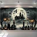Halloween Witch Banner 71x43 Inch Backdrop with Haunted House, Bats, Pumpkins, Spider Webs, and Creepy Graveyard for Halloween Party Decorations Banner