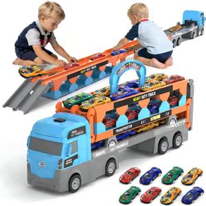 2-in-1 Foldable Race Track Truck Car Playset for 2-8 Years Old Boys Girls, Kids Truck Toys with Foldable 3 Layer Play Track & 8 Race Cars, Children's Day Birthday Gifts for Toddlers, 55 Inches