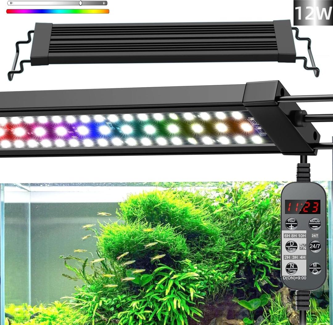LED Aquarium Light, 24/7 Full Spectrum Dimmable Submersible Light 12-18 inch 12W for 10 Gallon Fish Tank, Day+Night Mode DIY Timer Auto On Off, High Brightness 8 Colors RGB Mode