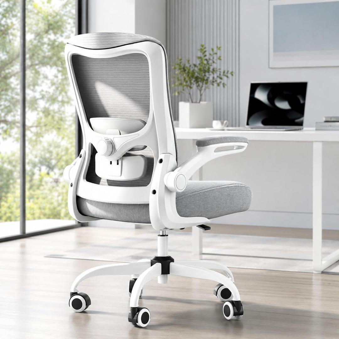 Ergonomic Office Chair for Long Hours, Adjustable Padded Lumbar Support for Lower Back Relief, 330 lb Capacity, Comfortable Computer Desk Chair for Home Office, Work & Study, Light Gray