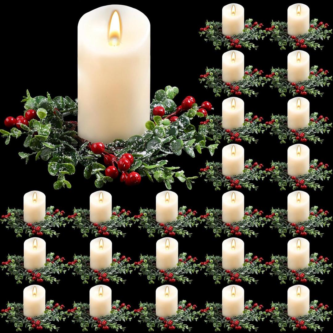 Lyrow 24 Pcs Christmas Candle Rings Wreaths Mini Artificial Garland for Kitchen Cabinet Red Berries Pine Snowy Xmas Holder for Pillars Rustic Centerpiece Table Chandelier Decor(Classic)