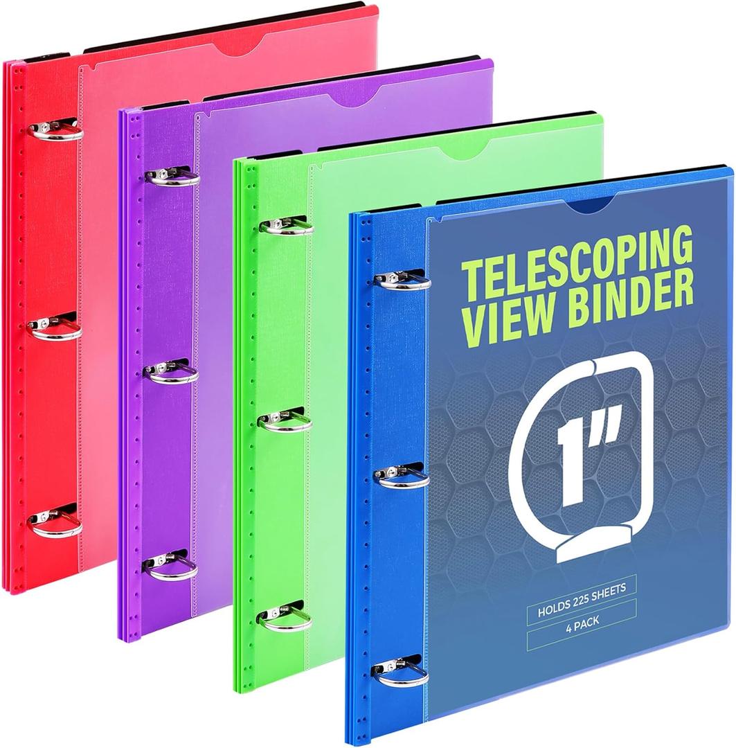 WOT I 1 Inch Telescoping 3 Ring Binder 4 Pack, Expandable Flexible Binder with Customizable Front Cover & Clear Catalog Pocket, Holds 225 Sheets, Assorted Colors, School Office Supplies (Blue+green+red+purple)