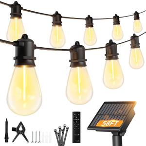 Minetom 58FT Solar String Lights Outdoor Waterproof, 17 LED S14 Shatterproof Bulb, Patio Lights with Remote Type-C Port Timable, 3 Light Modes Dimmable Solar String Lights for Outside, Yard, Camping