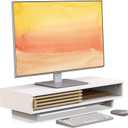 Monitor Stand Riser with Sliding Door, Computer Laptop Stand Desk Shelf Organizer with Storage (White + Natural Bamboo, 25 Inch)