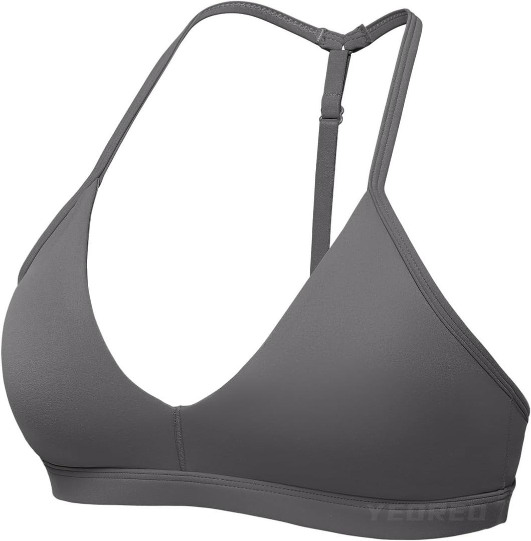 YEOREO Sports Bras for Women Strappy Padded Halter Ericie Open Back Light Impact Deep V Neck Yoga Workout Gym Tops (Small, Dark Grey)