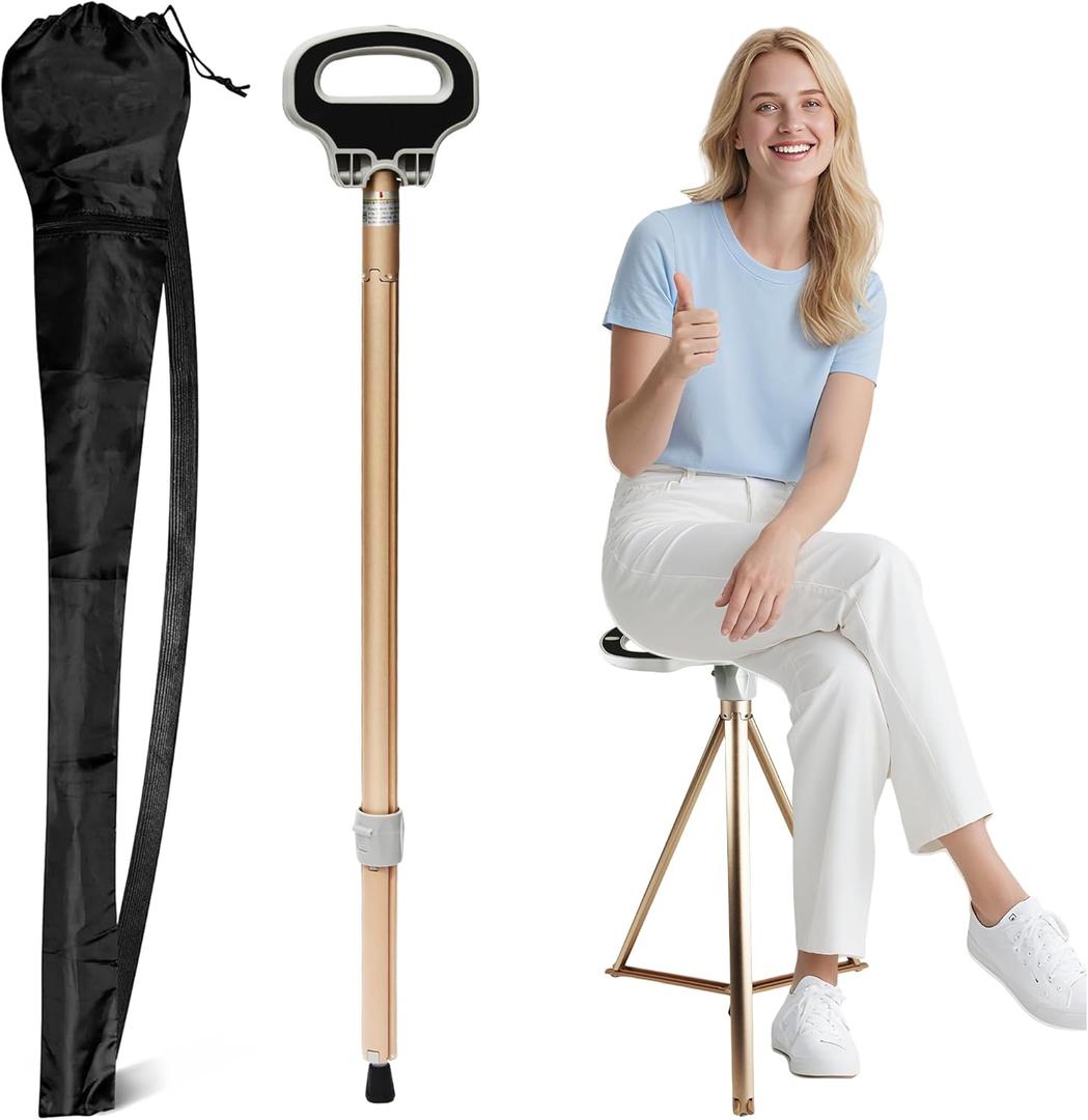 ALEVMOOM Walking Cane with Seat Folding Lightweight, 2-in-1 Cane Stool for Adults, Aluminum Walking Stick with Seat, Stick Chair Portable Stool for Senior (34 IN/1.8 LBS, GOLD)