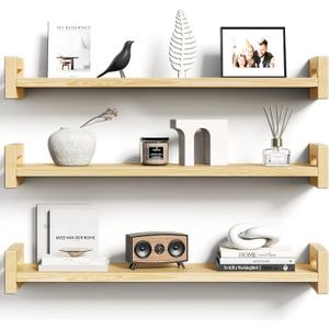 Vailando Floating Shelves for Wall, Set of 3 Solid Wood Wall Mounted Shelves, 23.6" Natural Wood Display Shelf for Bedroom, Living Room, Bathroom, and Kitchen Decor - Heavy-Duty & Natural Pine