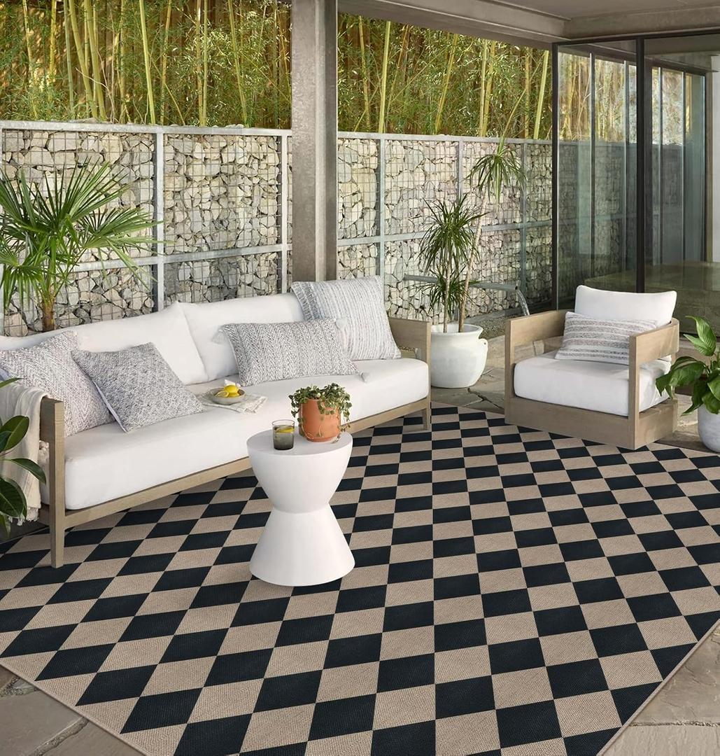 Easy Jute Black Checkered 8x10 Area Rug, Washable Modern Outdoor Rug for Patio Non-Slip Diamond Rugs for Living Room, Neutral Farmhouse Floor Carpet for Bedroom Dining Room Classroom