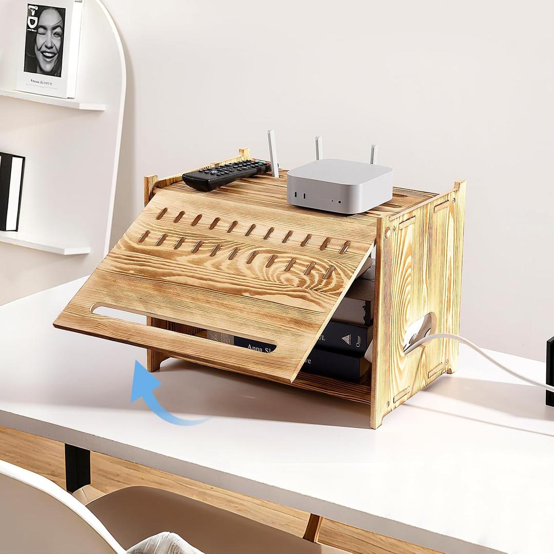 Solid Wood Projector Shelf Router Shelf Projector Stand Router Storage Box Router Cover Organized Modem Cable Power Strip Cable Management Hider Rack by Need Assembly (Flip-top Door)