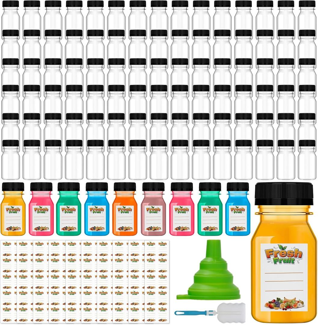 100 Pcs 4 oz Plastic Juice Shot Bottles with Caps, Clear Ginger Shots Bottle with Lids, Small Bottles for Liquids, 4 oz Plastic Reusable Leak Proof Mini Containers for Juice,Milk,Ginger,Whiskey,Water