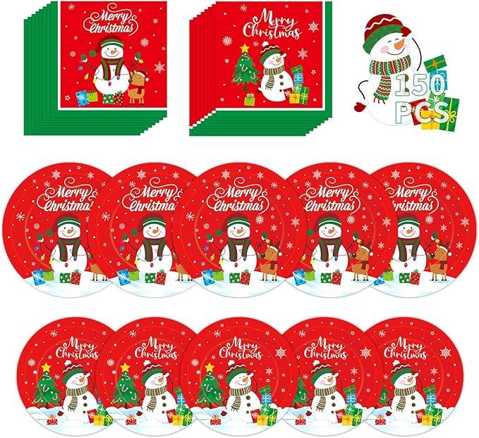 150 Pcs Merry Christmas Plates and Napkins Set  Xmas Paper Plates and Napkins, Snowman Dinner Dessert Plate Napkin Tableware Kit for Winter Christmas Party Supplies Table Decorations, Serve 50