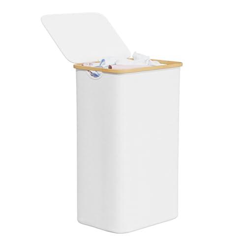 SpaceAid Laundry Hamper with Lid, 110L Large Tall Clothes Basket Bin with Bamboo Handles, Collapsible Laundry Hamper for Bedroom, Bathroom, Dorm, Laundry Room - White