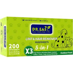 Dr.Easy LINT & HAIR REMOVER Pet HUGESHEETS with 3X Dryer Sheets, Outdoor Fresh, 200 Count,PLANT&MINERAL-BASED FORMULA