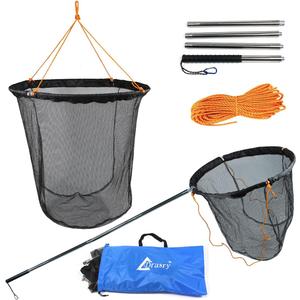 Drasry Large Collapsible Bridge Pier Fishing Net Landing Net with Rod, High Load Aluminum Ring Drop Net for Saltwater and Freshwater Pier Fishing Basket with 49.2 ft. Rope (23.6 x 23.6 x 27.5", Black)