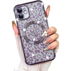 Fiyart Designed for iPhone 12 Case,Compatible with MagSafe Cheetah Print Plating Camera Protection Magnetic Clear Glitter Leopard Print Shockproof Phone Bumper for Women Girls 6.1"-Purple