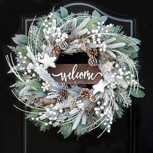 24 Inch Winter Wreaths for Front Door Outside- Pinkpuii Artificial Outdoor Christmas Wreath with Pinecones,White Berries and Welcome Sign,Xmas Holiday Winter Decorations for Home Farmhuse Door Decor