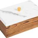 Vintage White Marble Dark Brown Wood Jewelry Box Desktop Keepsake Organizer Brass Lid Modern Storage Cabinet Wooden Countertop Caddy Rustic Vanity Dresser Home Bathroom Accessories Container