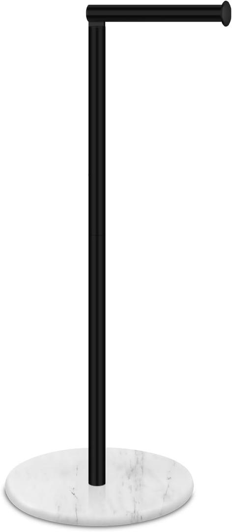 Toilet Paper Holder Stand with Marble Base, Free Standing Natural Stone Base Tissue Paper Storage with Reserve, Matte Black Space Toilet Bath 4 Rolls Holder for Bathroom/Kitchen Countertop (Single Rod)