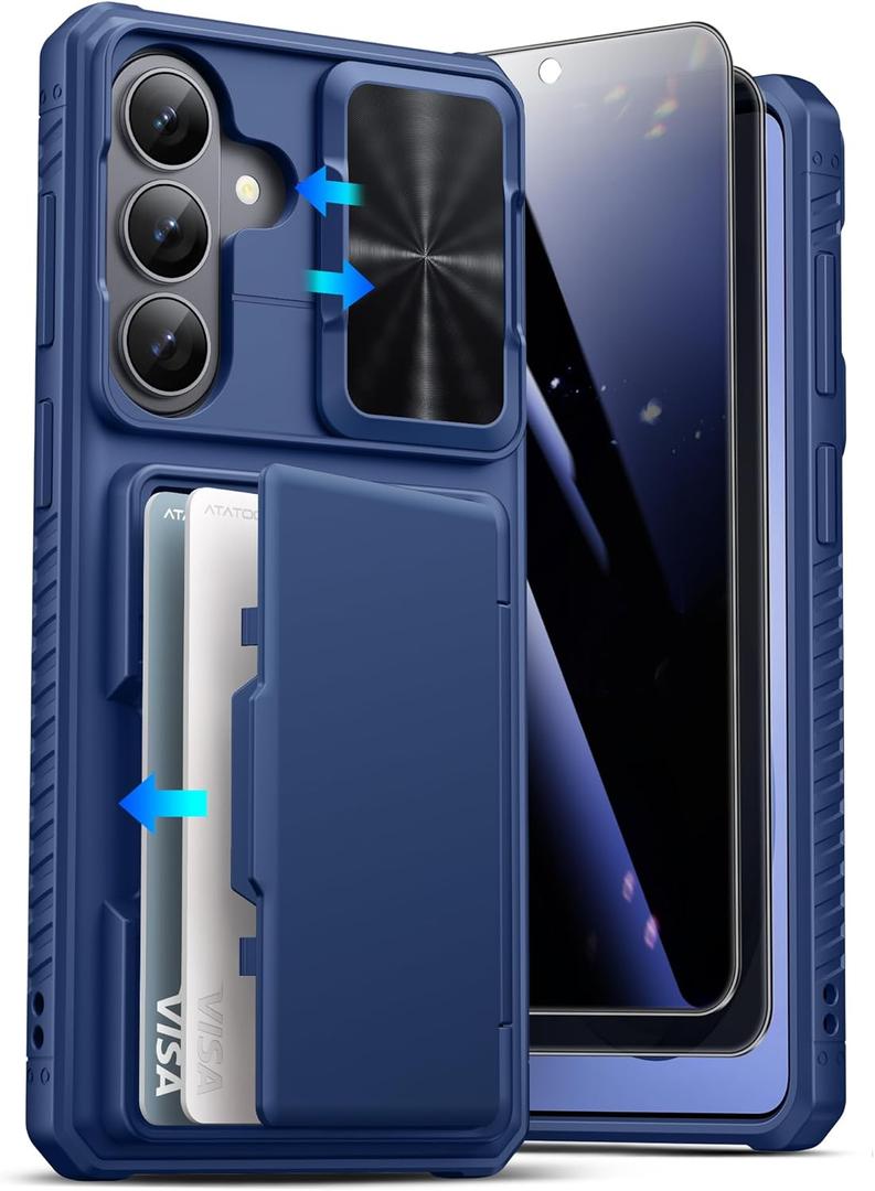 ATATOO for Samsung Galaxy S26+ Plus Case Wallet with Privacy Screen Protector [2 Pack], Built-in Card Holder, Slide Camera Cover, Drop Protection, Rugged Phone Case for Galaxy S26+ Plus 6.7", Blue