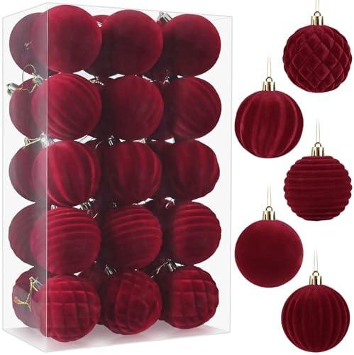 Velvet Christmas Ornaments Balls, 2.36 Inch Flocked Red Shatterproof Baubles with Hanging Strings, Elegant Velvet Ball Ornaments for Xmas Tree, Holiday Party & Home Décor (Red)