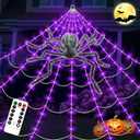 JESTOP Halloween Decorations Outdoor Spider Web with 180 Purple LED Lights, 16.4FT Giant Spiderweb Light - 8 Lighting Modes, Waterproof Huge Halloween Garden Decor Gift for Yard Outside