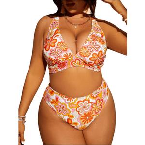SOLY HUX Women's Plus Size Swimsuit Floral Print High Waisted Bikini Sets Two Piece Bathing Suits Multicoloured Floral 3XL