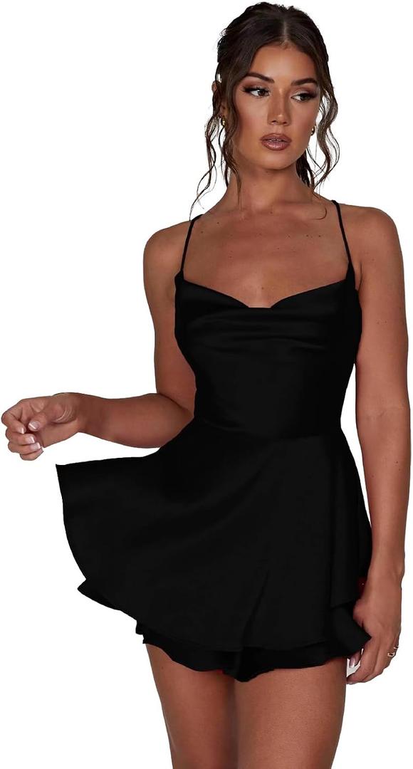 AGYMNX Women Sexy Spaghetti Strap Satin Dress Sleeveless Low Cut Backless Short Romper Dress Party Jumpsuit Mini Sundress XL