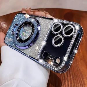 Magnetic Stand Glitter Case for iPhone 17 Pro Max, [Comatible with Magsafe], Luxury Cute Sparkly Bling Diamond Camera Lens Protector 2in1 Women Girls Soft Phone Cover Case for iPhone 17 Pro Max,Blue