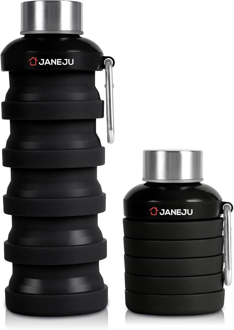 JaneJu Collapsible Water Bottle, 17oz BPA Free Silicone Reusable Portable Lightweight Foldable Water Bottles with Carabiner, Portable Leak Proof Sports Water Bottle (Black) (16.9 Ounces)
