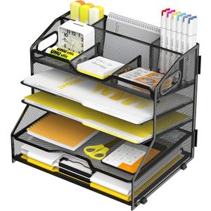 YINGHUA 5 Tier Paper Tray Letter Organizer with Top 6 Adjustable Compartments - Paper Sorter Office Desktop Accessories with Handles for Document,Mail,School Supplies Storage,Black