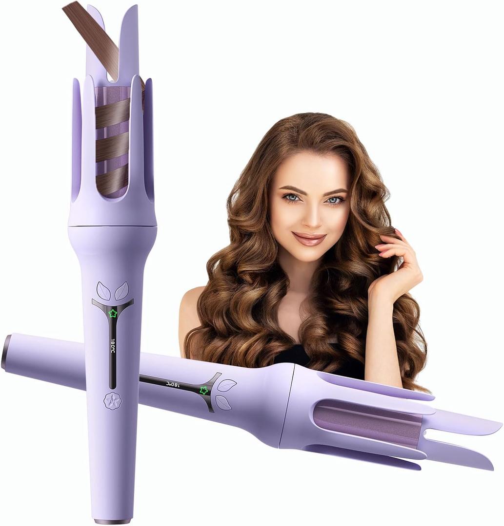 Automatic Curling Iron, Hair Curler Wand with 3 Temp& LCD Display, Fast Heating Ceramic Hair Curler, Automatic Shut-Off, Anti-Scald, Anti-Tangle Rotating Curling Iron for Hair Styling (Purple)