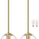 Bagood 8" Globe Pendant Light Gold 2 Pack Mid Century Pendant Light Globe Pendant Lights Kitchen Island Brushed Brass Finished with Clear Glass Adjustable Ceiling Light Fixtures for Dining Room Bar