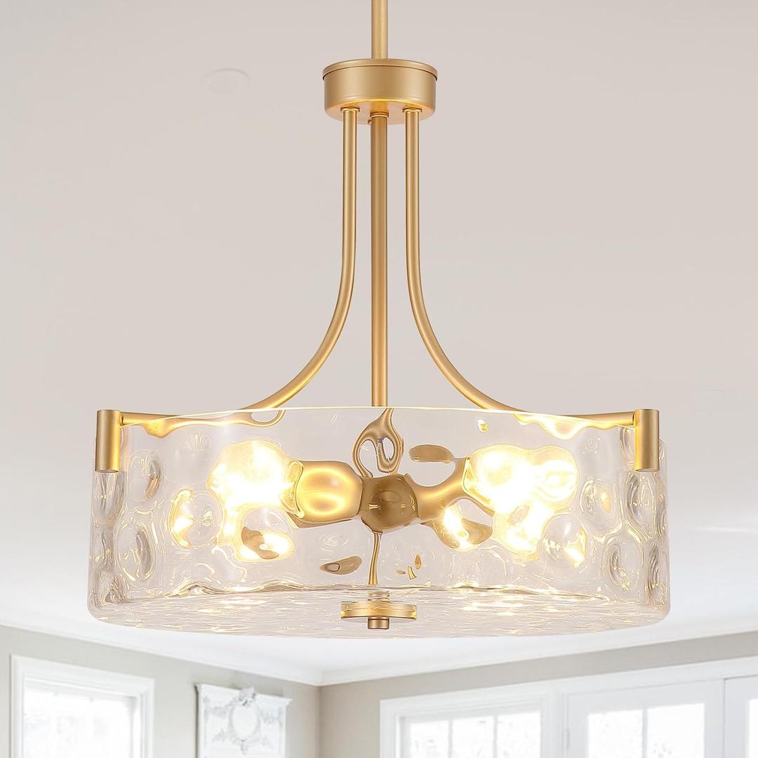Gold Glass Drum Chandelier, 4-Light Modern Hammered Ripple Glass Chandelier, 16.9"W × 67.5"H