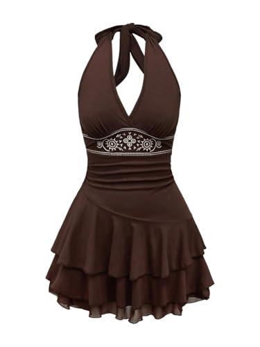 Verdusa Women's Plus Size Halter Mini Dress Ruched Ruffle Y2K Hippie Dress Western Outfits Boho Dresses Brown X-Large