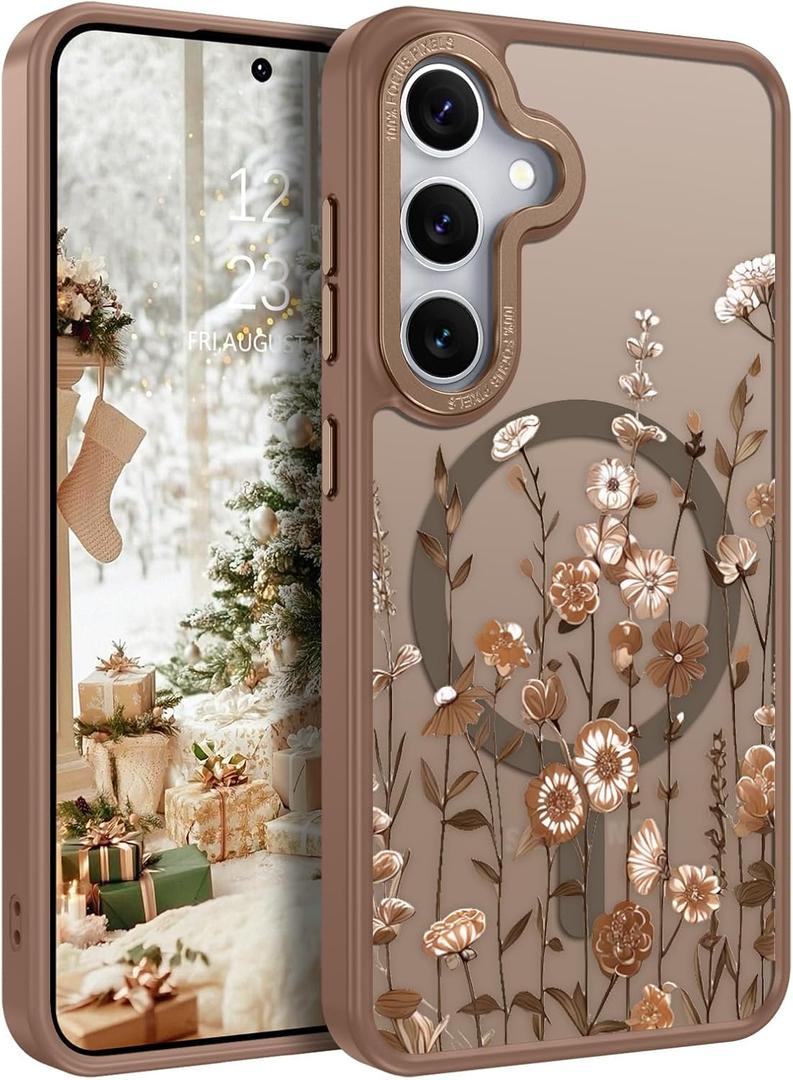 DOMAVER for Samsung Galaxy S25/ Galaxy S24 Case, Magnetic Phone Case for Samsung S25/S24 [Compatible with MagSafe] Slim Fit Flowers Floral Design Shockproof Protective Cover Women Girls Cover- Brown
