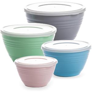 BINO | Mixing Bowl Set with Lids | Versatile Plastic Bowls for Kitchen Mixing, Serving, and Storage - 4-Piece Mixing Bowl Set in Various Sizes | Space-Saving Nesting Design | Dishwasher Safe (Multicolored Pastel)