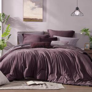 Monbix Oversized Queen Comforter Set - 7 Pieces Cationic Dyeing Italian Plum Bed in a Bag Bedding Sets with Comforter, Sheets, Pillowcases & Shams, Reversible Bedding Comforters Sets