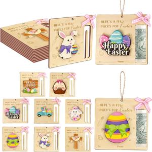 8Pcs Easter Money Holders for Cash Gift, Easter Wooden Money Holders Card Bunnies Ornaments for Holiday Tree Ornaments Table Centerpiece Decorations
