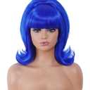 Rugelyss Short Wavy Blue Wig with Bang Retro Bouffant Beehive Wigs fits 70s 80s Costume or Halloween Party