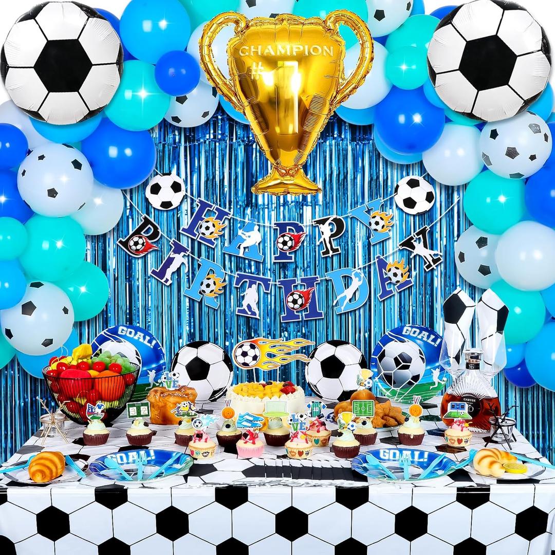 185 PCS Soccer Birthday Party Decorations, Soccer Theme Party Decorations Includes Soccer Balloons, Curtains, Happy Birthday Banner, Tablecloth, Plates, Napkins, Cake Toppers for Boys Party