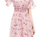 Gardenwed Chiffon Floral Dresses Summer Midi Wedding Guest Dress V Neck for Women Elastic Waist (Pink, S)
