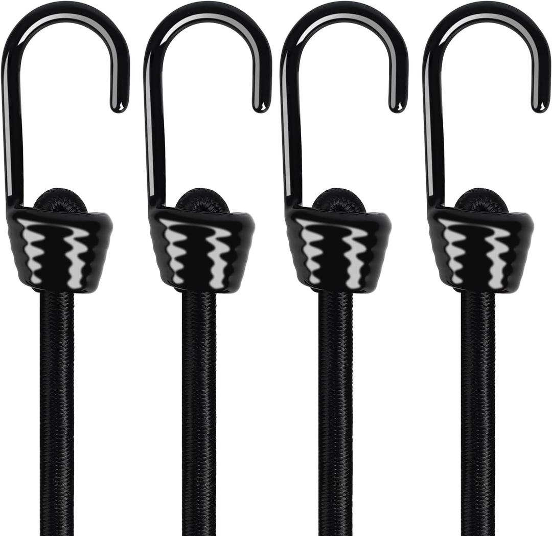 Heavy Duty Bungee Cords with Hooks 36 inch, 10mm Thick Black Color Cord, 4 Pack with Marine Grade Plastic Coated Hooks for Tarp, Camping, and General Use