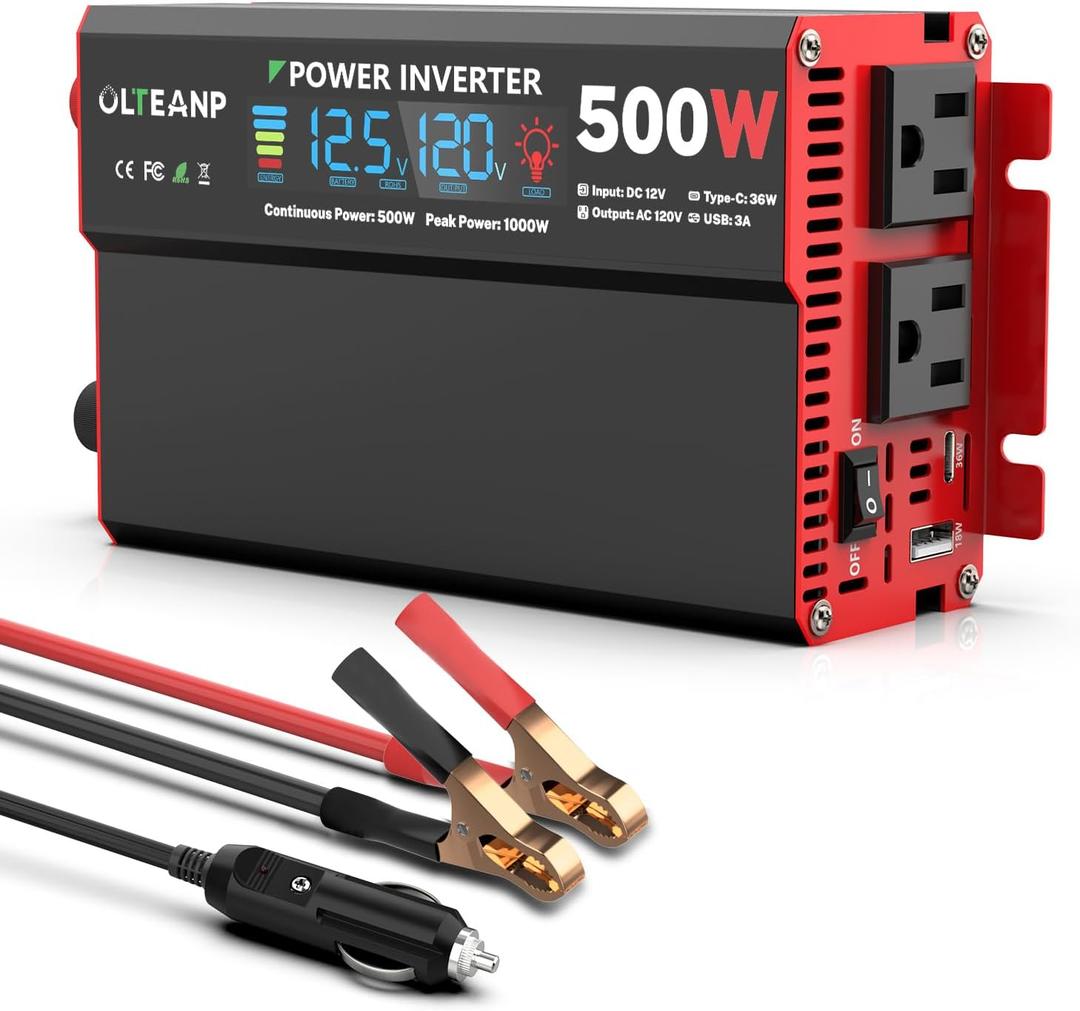 500 Watt Power Inverter 12V DC to 110V/120V AC Inverter with LCD Screen Display, 2 AC Outlets, 36W Type-C Port, 5V/3A USB Port, Car Power Converter for Truck, Home, Vehicles, Laptop, Trip