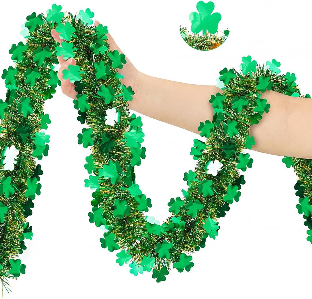 50FT St Patrick's Day Tinsel Garland, Green Gold Shamrock Clover Garland, Shiny Metallic Hanging Shamrock Streamer St Patricks Day Decorations Irish Decor